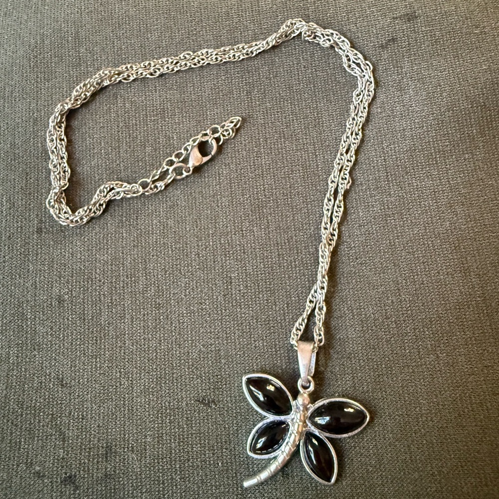 Black Onyx Dragonfly Pendant Necklace 11 Inch